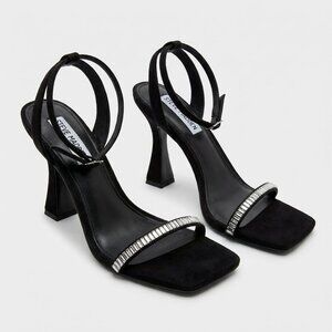Steve Madden Black Rhinestone Ankle Strap Heels – Square Toe Crystal Strap